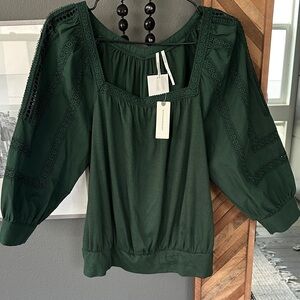 NWT. Anthropologie Chela Blouse. Forest Green with Lace Accents. Size M